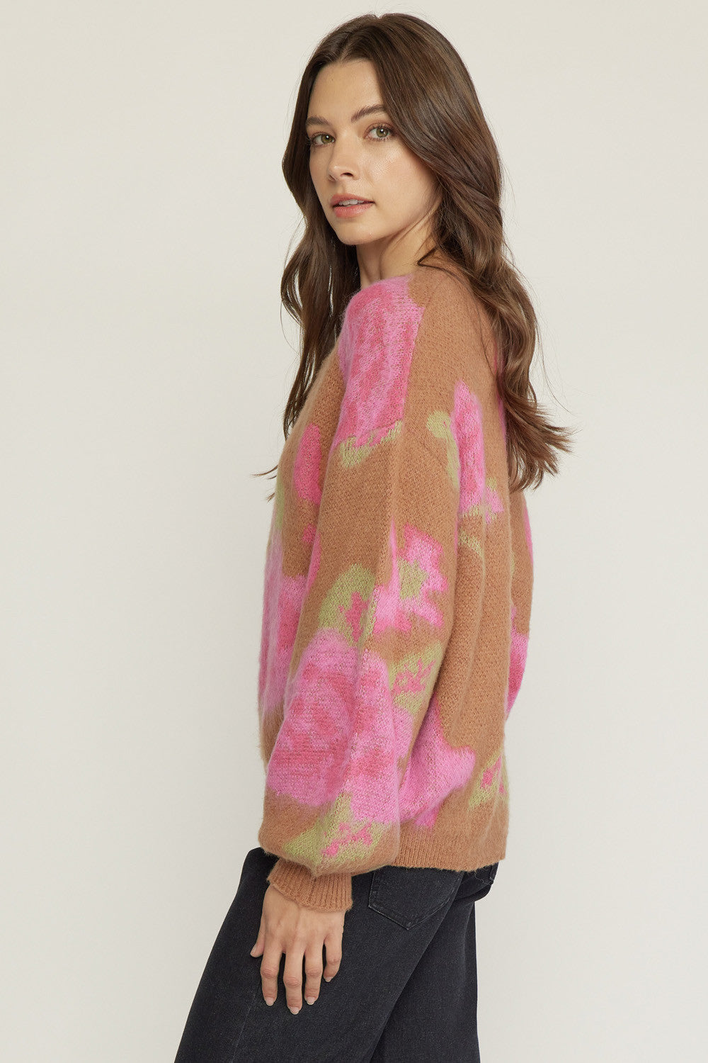 Fuzzy Floral Statement Sleeve Sweater