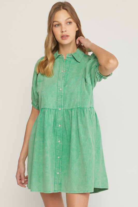 Denim Bubble Sleeve Mini Dress