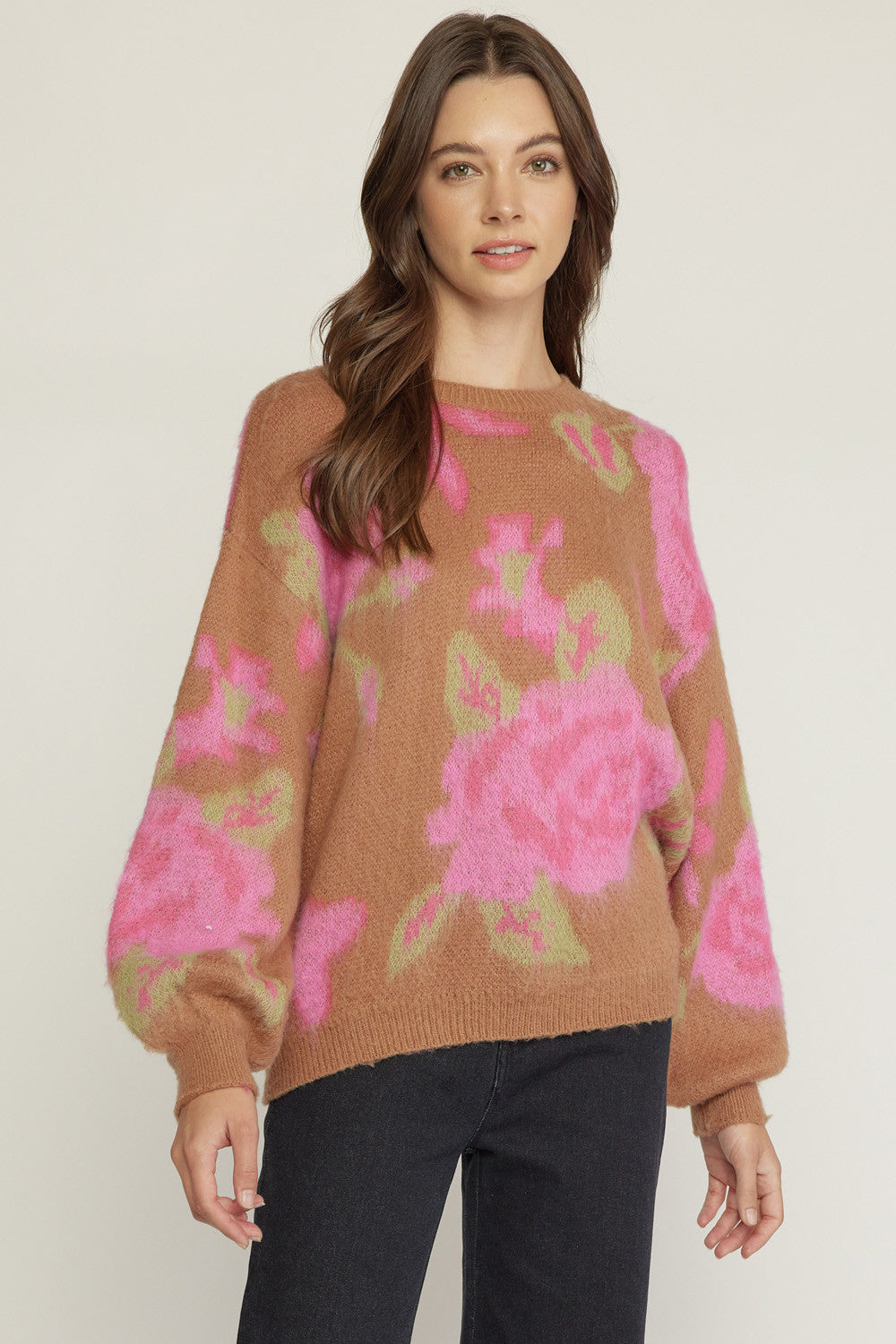 Fuzzy Floral Statement Sleeve Sweater